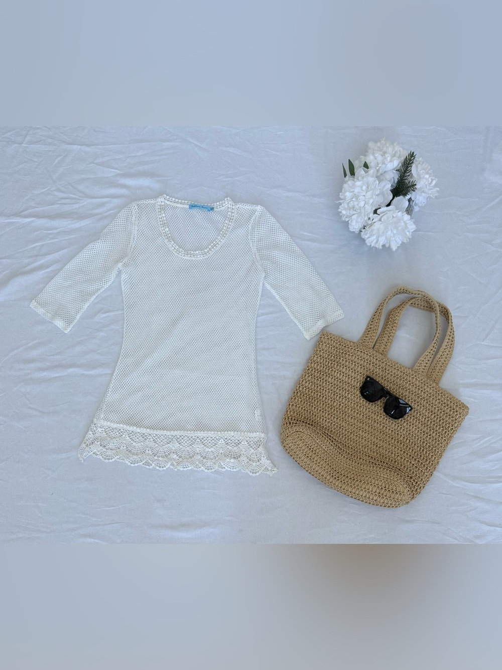 Sheer White Mesh Cover up with Lace Hem